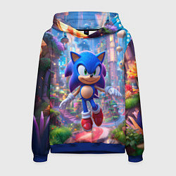 Толстовка-худи мужская Соник в красочной стране, цвет: 3D-синий