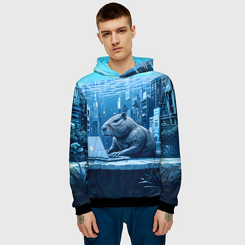 Мужская толстовка Капибара программист под водой / 3D-Черный – фото 3