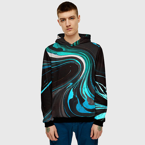 Мужская толстовка Волнистые бело-голубые линии на чёрном фоне / 3D-Черный – фото 3