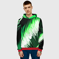 Толстовка-худи мужская Зелёно-белая абстракция на чёрном фоне, цвет: 3D-красный — фото 2
