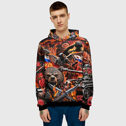 Мужская толстовка Русский медведь воин на фоне военной техники / 3D-Черный – фото 3
