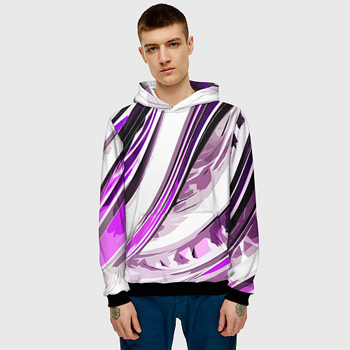 Мужская толстовка Волнистая бело-фиолетовая абстракция / 3D-Черный – фото 3
