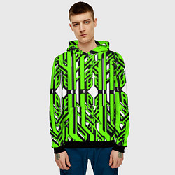 Толстовка-худи мужская Чёрно-зелёные техно полосы на белом фоне, цвет: 3D-черный — фото 2