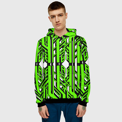 Мужская толстовка Чёрно-зелёные техно полосы на белом фоне / 3D-Черный – фото 3