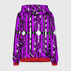 Толстовка-худи мужская Чёрно-фиолетовые техно полосы на белом фоне, цвет: 3D-красный