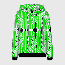 Толстовка-худи мужская Бело-зелёные техно полосы на чёрном фоне, цвет: 3D-черный