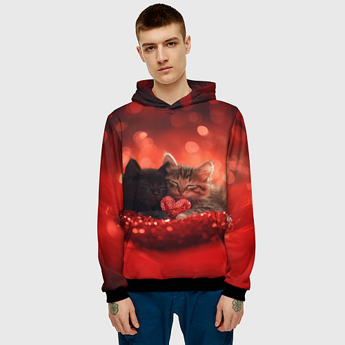 Мужская толстовка Влюбленные котята с сердечком / 3D-Черный – фото 3