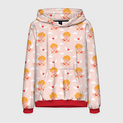 Толстовка-худи мужская Паттерн с милыми купидонами и крылатыми сердечками, цвет: 3D-красный