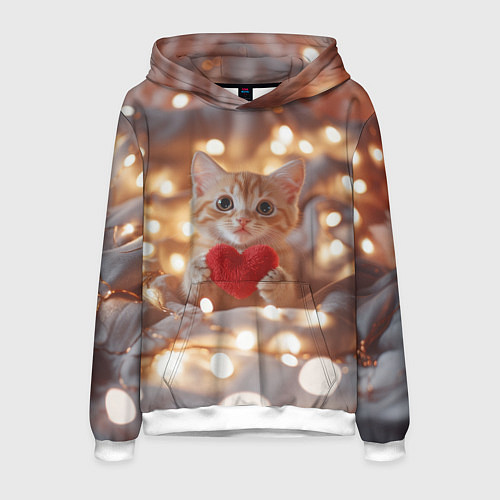 Мужская толстовка Кошечка держит в лапках сердечко / 3D-Белый – фото 1