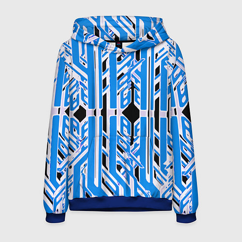Мужская толстовка Бело-синие техно полосы на чёрном фоне / 3D-Синий – фото 1