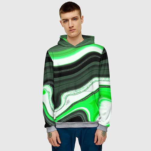 Мужская толстовка Волнистые горизонтальные чёрно-зелёные полосы на б / 3D-Меланж – фото 3