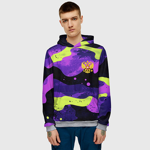 Мужская толстовка Черно-фиолетовый камуфляж и золотой герб РФ / 3D-Меланж – фото 3