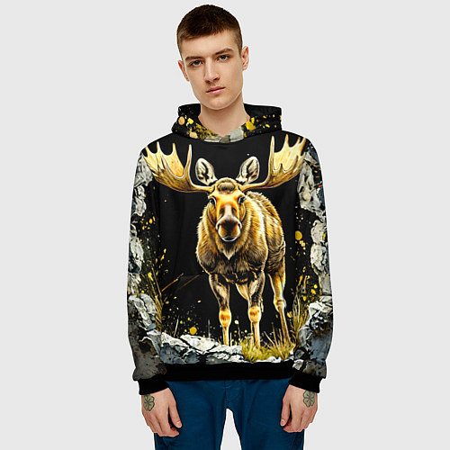 Мужская толстовка Лось на черном / 3D-Черный – фото 3