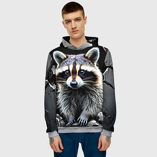 Мужская толстовка Енот на черном / 3D-Меланж – фото 3