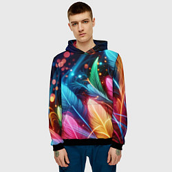 Толстовка-худи мужская Яркие красочные неоновые перья, цвет: 3D-черный — фото 2