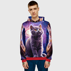 Толстовка-худи мужская Британская короткошёрстная кошка в космосе, цвет: 3D-красный — фото 2