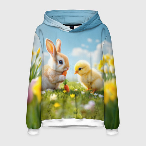 Мужская толстовка Кролик и цыпленок встречают Пасху / 3D-Белый – фото 1