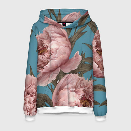 Мужская толстовка Розовые пионы на голубом / 3D-Белый – фото 1
