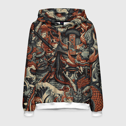 Мужская толстовка Драконы и самураи в стиле ирезуми / 3D-Белый – фото 1