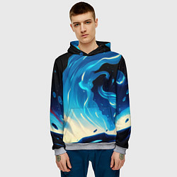 Толстовка-худи мужская Бело-синее пламя из абстрактных красок, цвет: 3D-меланж — фото 2