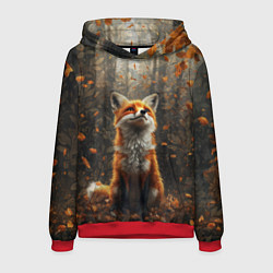 Толстовка-худи мужская Довольный лис в лесной чаще, цвет: 3D-красный