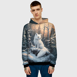 Толстовка-худи мужская Белый лисенок в зимнем лесу, цвет: 3D-черный — фото 2