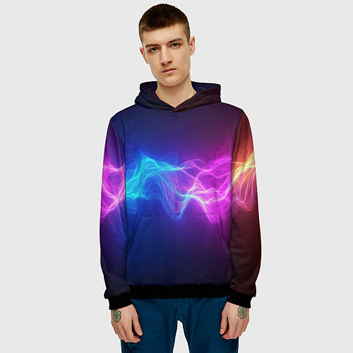 Мужская толстовка Звуковая волна неоновый узор / 3D-Черный – фото 3