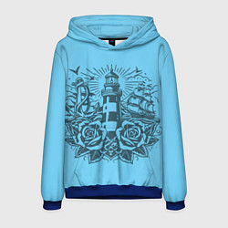 Толстовка-худи мужская Маяк с розами и кораблем, цвет: 3D-синий