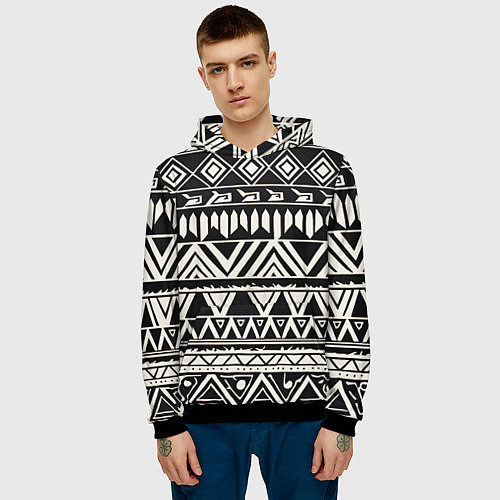 Мужская толстовка Черно белый орнамент в этническом стиле / 3D-Черный – фото 3