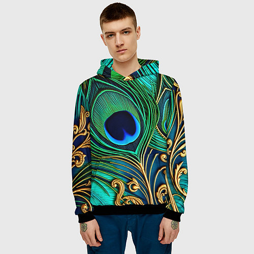 Мужская толстовка Зеленые перья павлина / 3D-Черный – фото 3