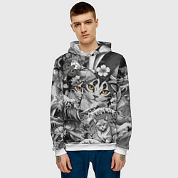 Толстовка-худи мужская С котами и рыбой на фоне сакуры в волнах, цвет: 3D-белый — фото 2