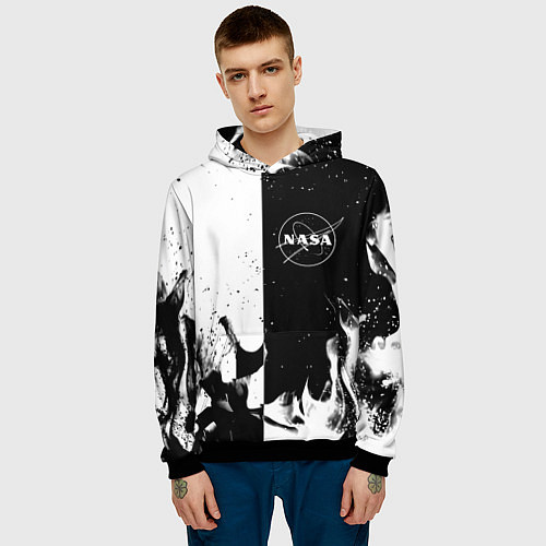 Мужская толстовка Nasa черно белый огонь / 3D-Черный – фото 3