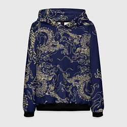 Толстовка-худи мужская Золотые драконы на синем, цвет: 3D-черный