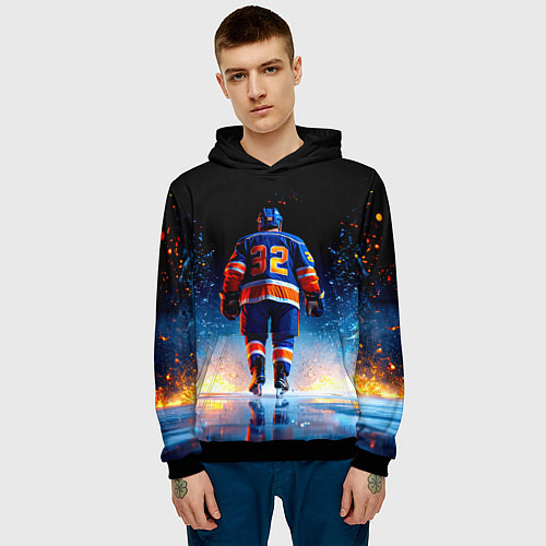 Мужская толстовка Хоккеист в синем пламени / 3D-Черный – фото 3