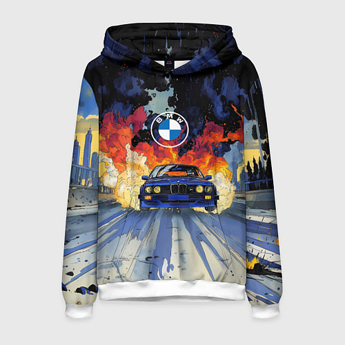 Мужская толстовка Синяя БМВ за огнем / 3D-Белый – фото 1