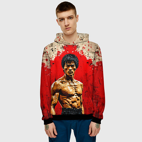Мужская толстовка Брюс Ли на красном / 3D-Черный – фото 3