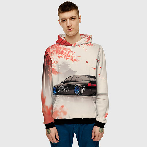 Мужская толстовка Черная БМВ и сакура / 3D-Черный – фото 3
