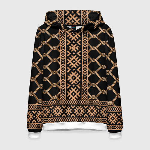 Мужская толстовка Золотые узоры на черном с канатами - вышиванка руб / 3D-Белый – фото 1
