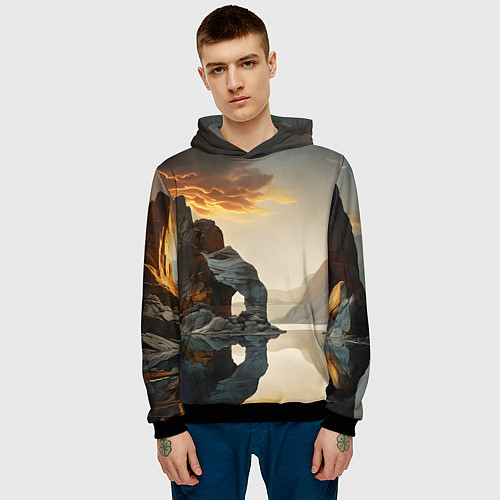 Мужская толстовка Горное озеро со скалами / 3D-Черный – фото 3