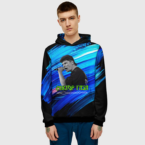 Мужская толстовка Юрий Хой синий фон красками / 3D-Черный – фото 3