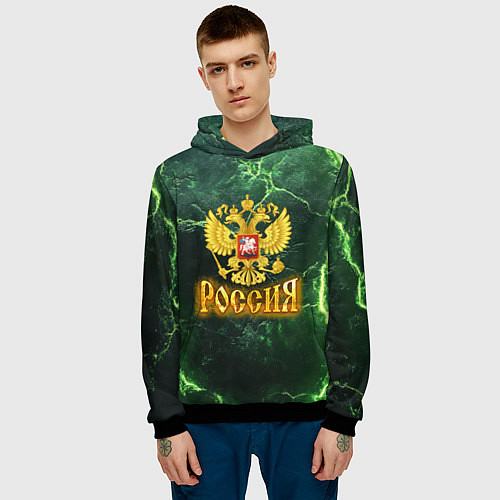 Мужская толстовка Россия огненный текст на зеленом / 3D-Черный – фото 3