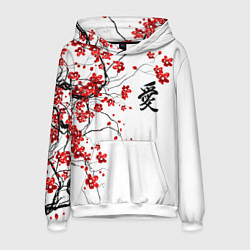 Толстовка-худи мужская Сакура с иероглифом Любовь, цвет: 3D-белый