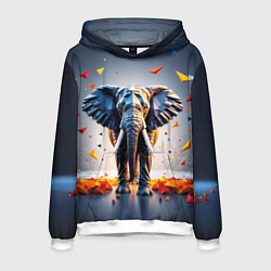 Толстовка-худи мужская Геометрический слон и цветные полигоны, цвет: 3D-белый