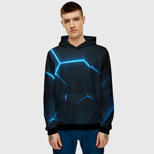 Мужская толстовка Черные плиты с синим светом / 3D-Черный – фото 3