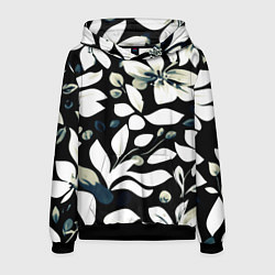 Толстовка-худи мужская Чёрный с белыми крупными цветами, цвет: 3D-черный