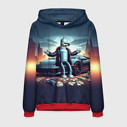 Толстовка-худи мужская Бендер рядом с Ламбо и рассыпанным баблом, цвет: 3D-красный