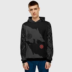 Толстовка-худи мужская Волки викингов с обережными символами - тату, цвет: 3D-черный — фото 2
