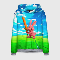 Толстовка-худи мужская Розовый заяц с мечом из морковки, цвет: 3D-меланж