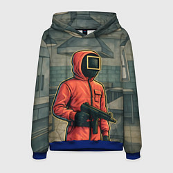 Толстовка-худи мужская Игра в кальмара страж с пулеметом, цвет: 3D-синий