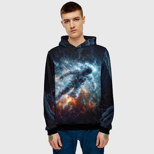 Мужская толстовка Космонавт парит в космосе среди звезд / 3D-Черный – фото 3